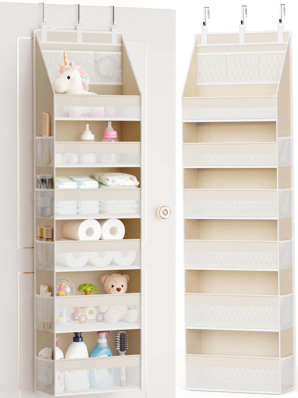 Criusia over-the-door organizer with six deep compartments keeps towels neatly stored.
