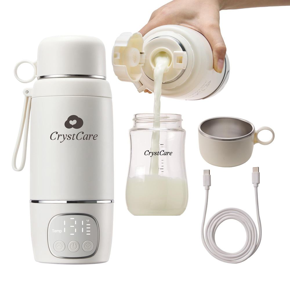 CrystCare portable bottle warmer front view demonstrates quick heat for on-the-go feedings.