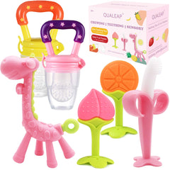 QUALEAP giraffe teether pink with easy-grip handle for soothing gums
