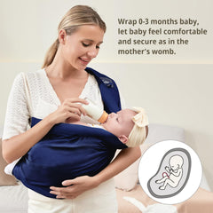 Cuby wrap in dark blue offers multiple carry positions for growing baby