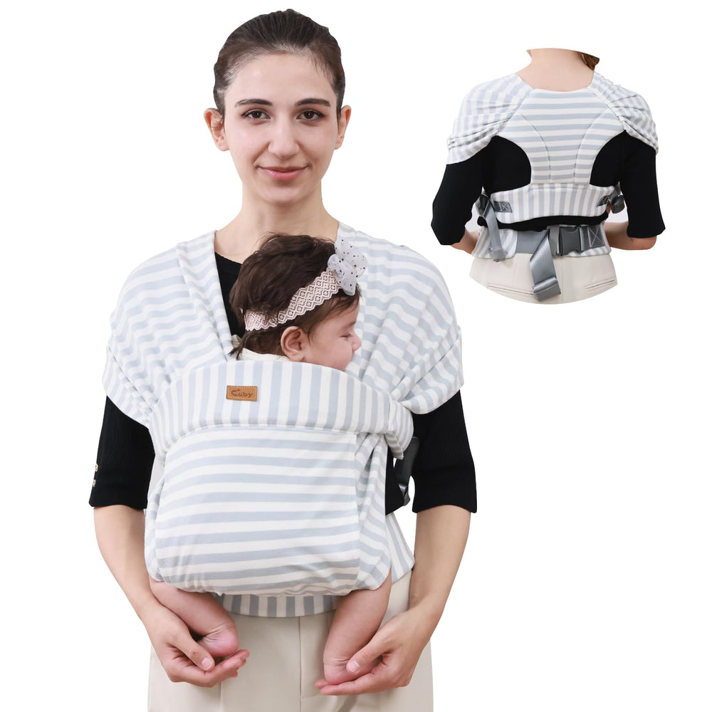 CUBY newborn wrap with green stripe shows baby securely seated for ergonomic comfort