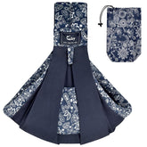 CUBY Wrap Baby Sling Carrier in dark blue floral worn in front carry for bonding