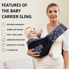 CUBY Wrap Baby Sling Carrier in dark blue floral demonstrated in hip carry for ergonomic support