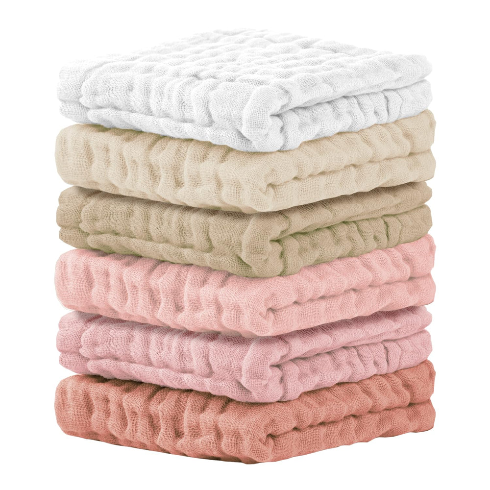 Cuddle Campus baby washcloths 6-pack closeup shows ultra-soft cotton for gentle newborn cleansing.
