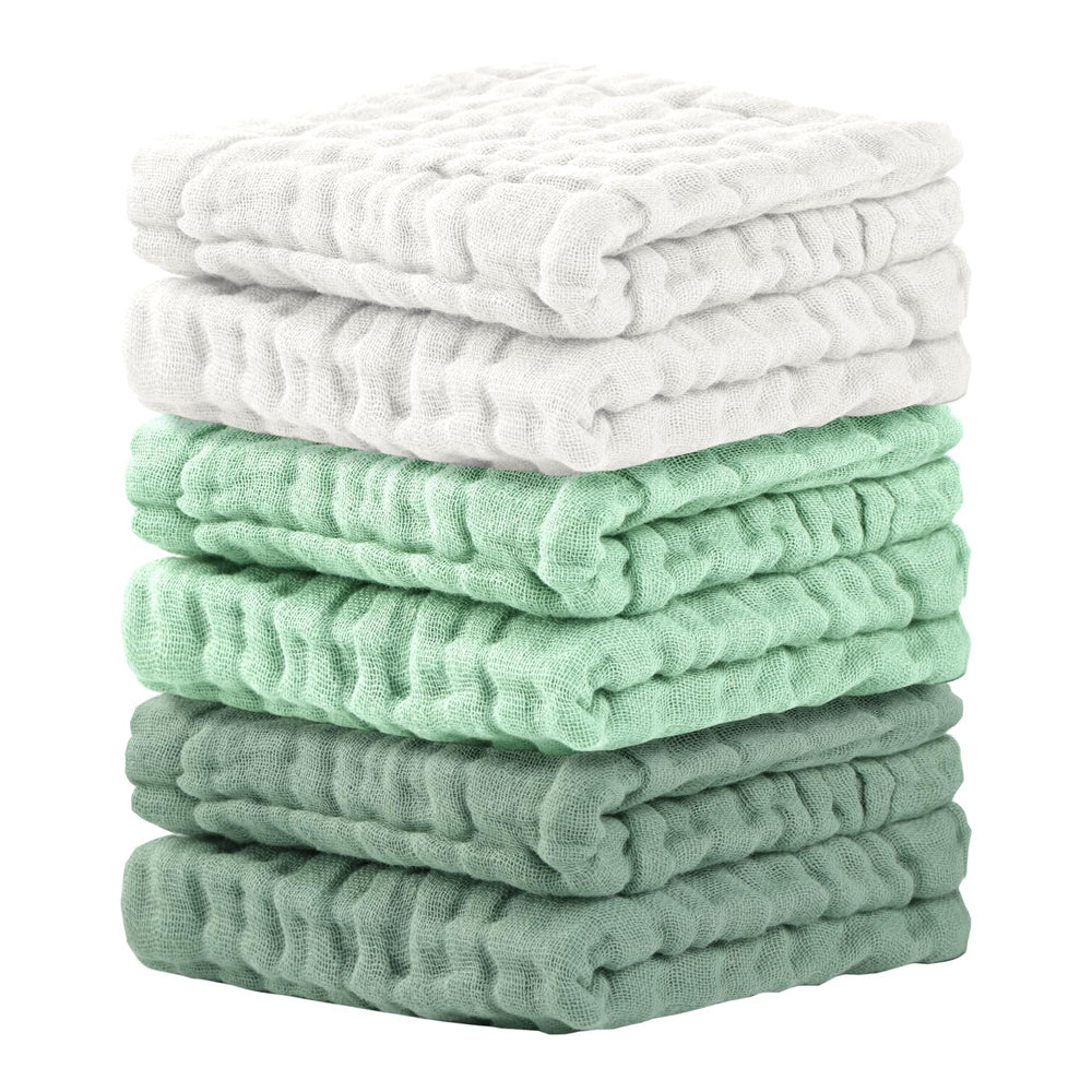 Cuddle Campus baby washcloths 6-pack flatlay shows soft, absorbent muslin for newborn baths