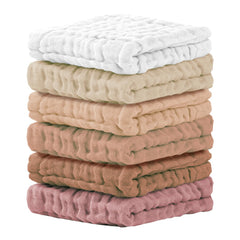Cuddle Campus baby washcloths 6-pack folded, showcasing soft muslin texture for newborn bath time.