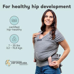 CuddleBug baby in knee-to-knee position illustrates hip-friendly seating.