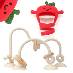CuddleCubs Creations apple teether red with suction, keeps toys in reach on the high chair.
