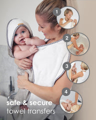 Cuddledry apron-style towel drapes over caregiver for easy bath transfers.