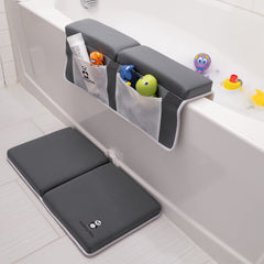 Cuddling Baby bath kneeler gray front view supports comfortable parent kneeling during bath