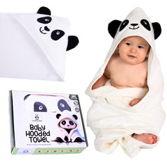 Cuddling Baby Premium Hooded Towel panda-hood showcases cozy post-bath warmth.
