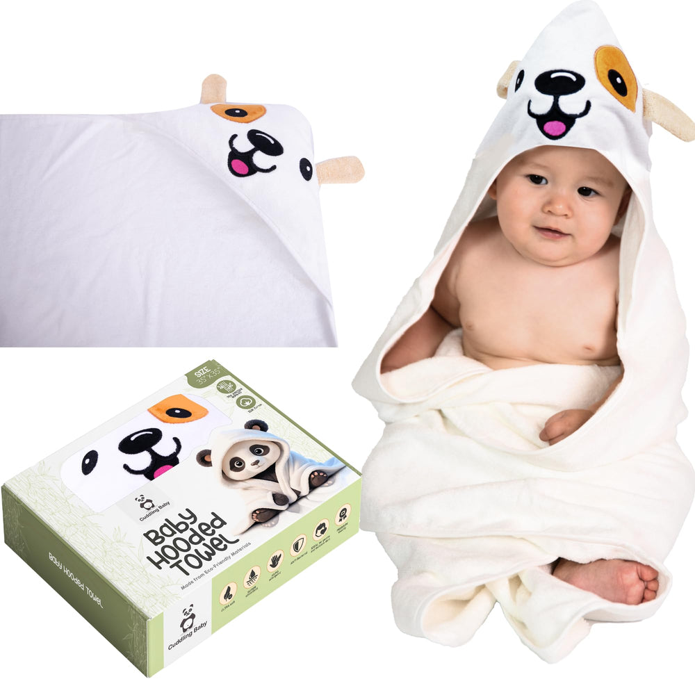 Cuddling Baby Premium Hooded Towel shows soft-absorbent fabric for gentle post-bath warmth.