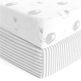 Cuddly Cubs grey-stripes crib sheet pack offers ultra-soft Jersey cotton for gentle baby comfort.