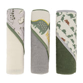 Cudlie Buttons and Stitches hooded towel in Dino Roar print absorbs moisture after bath
