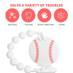 Cuebo teether clipped to clothes shows secure on-the-go use.