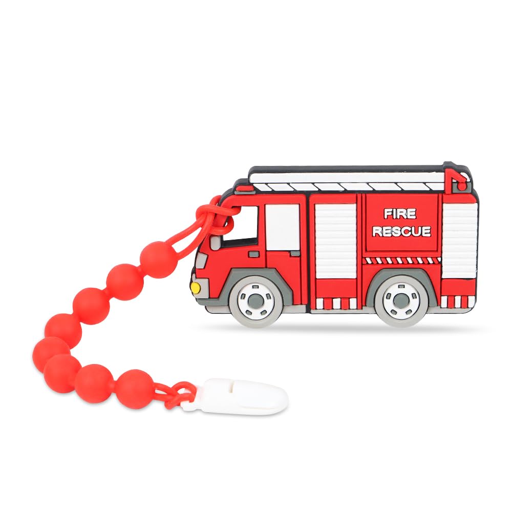 Cuebo Fire Rescue Truck Teether front view shows safe BPA-free silicone for soothing gums.