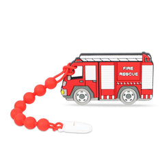 Cuebo Fire Rescue Truck Teether front view shows safe BPA-free silicone for soothing gums.