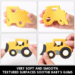 Cuebo freezer-safe teether yellow bulldozer ready for a cool touch