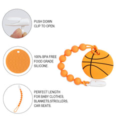 Cuebo one-piece pacifier clip keeps teether secure and easy to reach.