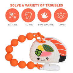 Cuebo teether on baby clothes illustrates convenience and drop-free pacifier clip