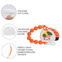 Cuebo teether onepiece clip closeup demonstrates a secure clip and no metal