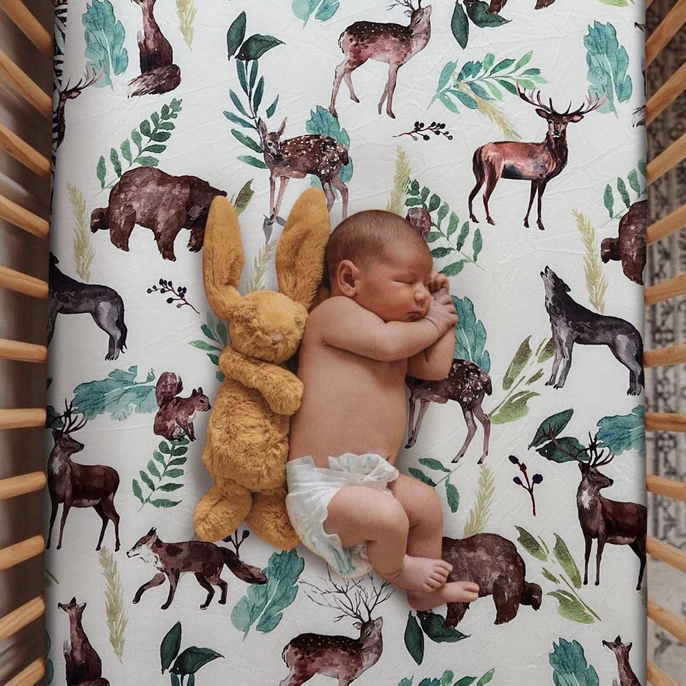 Culclendy Elk Brown Bear crib sheet closeup fabric with breathable stretch for baby comfort