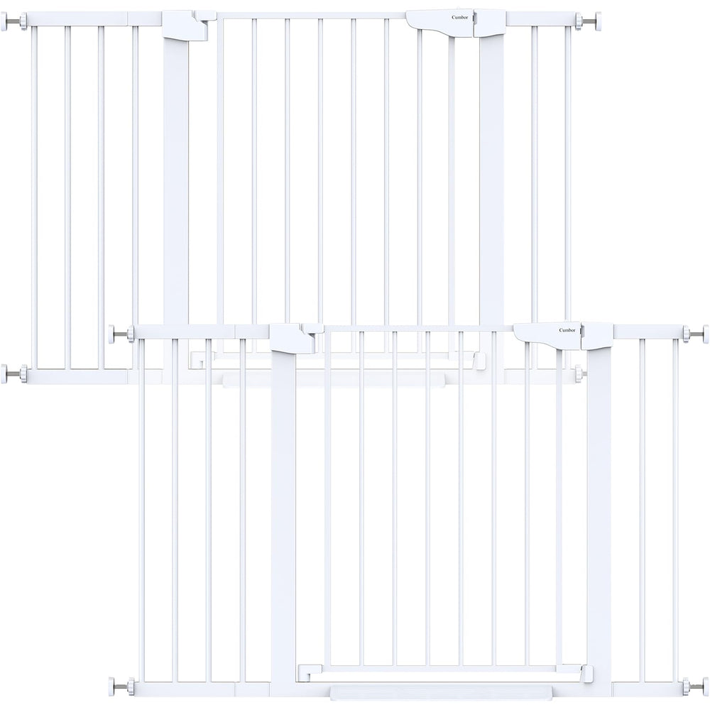 Cumbor 2-pack baby gate in wide doorway enables safe, effortless passage for parents with strollers.
