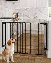Cumbor 34-inch extra-tall gate installed on stairs showing secure hardware mounting for safety