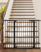 Cumbor 36-inch extra tall gate on stairs provides secure containment for toddlers.