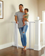 Cumbor 36in extra-tall gate in stairs doorway offers safer access for toddlers and pets.