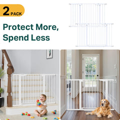 Cumbor baby gate on stair rail with Y-shaped bolts secures stairs without drilling.