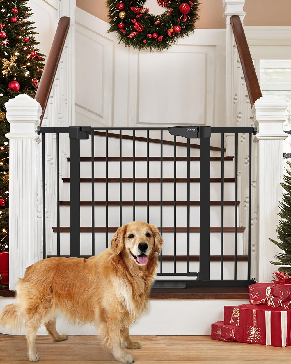 Cumbor baby gate on stairs with auto-close for safe stair access