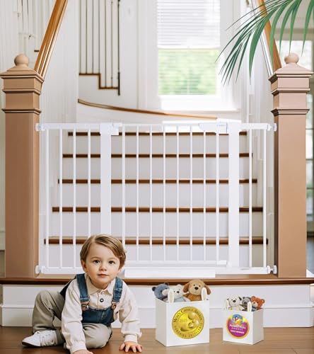 Cumbor baby gate on stairs shows dual-lock latch for added child safety.