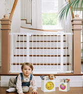 Cumbor baby gate on stairs shows dual-lock latch for added child safety.
