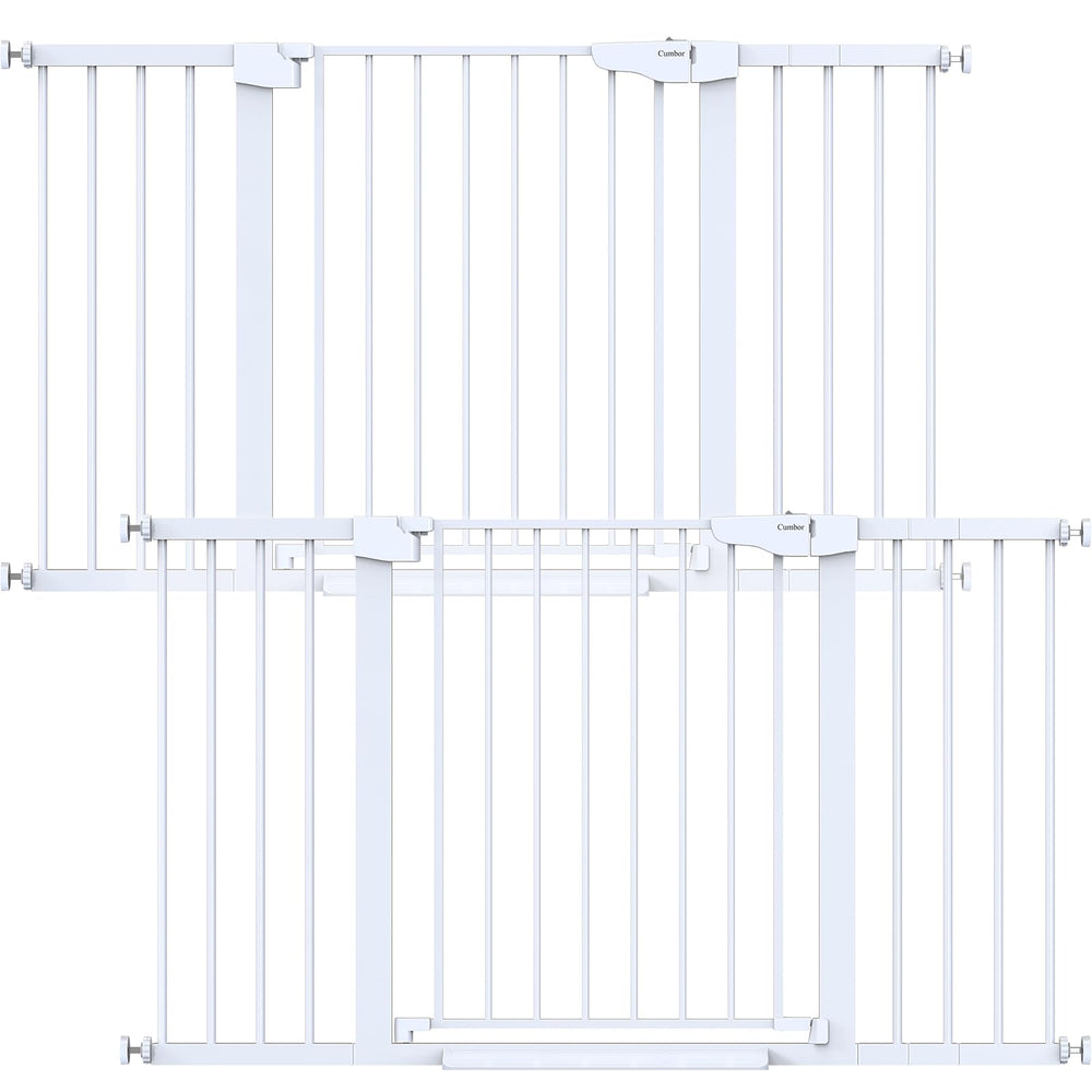 Cumbor baby gate on stairs, closed position enhances stair safety.
