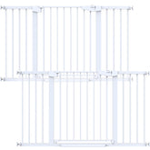 Cumbor baby gate on stairs, closed position enhances stair safety.