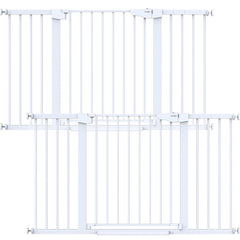 Cumbor baby gate on stairs, closed position enhances stair safety.