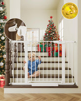 Cumbor baby gate at stairs demonstrates safe, wide passage for adults and baby