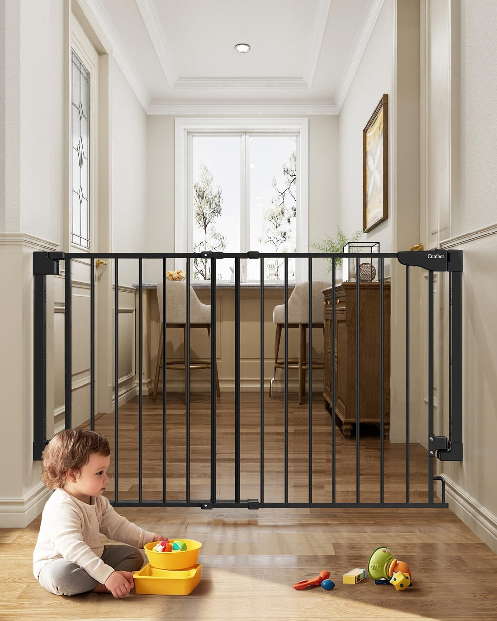 Cumbor Expandable Gate wall-mount installation shows sturdy anchoring for stair safety.
