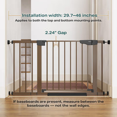 Cumbor walk-thru brown gate shows convenient doorway passage for parents and pets.