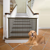 Cupount Baby Gate brown mesh view of stairs keeps pets contained with clear sight lines.