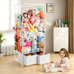 Curleis stuffed animal storage tower side view shows sturdy metal frame for organization