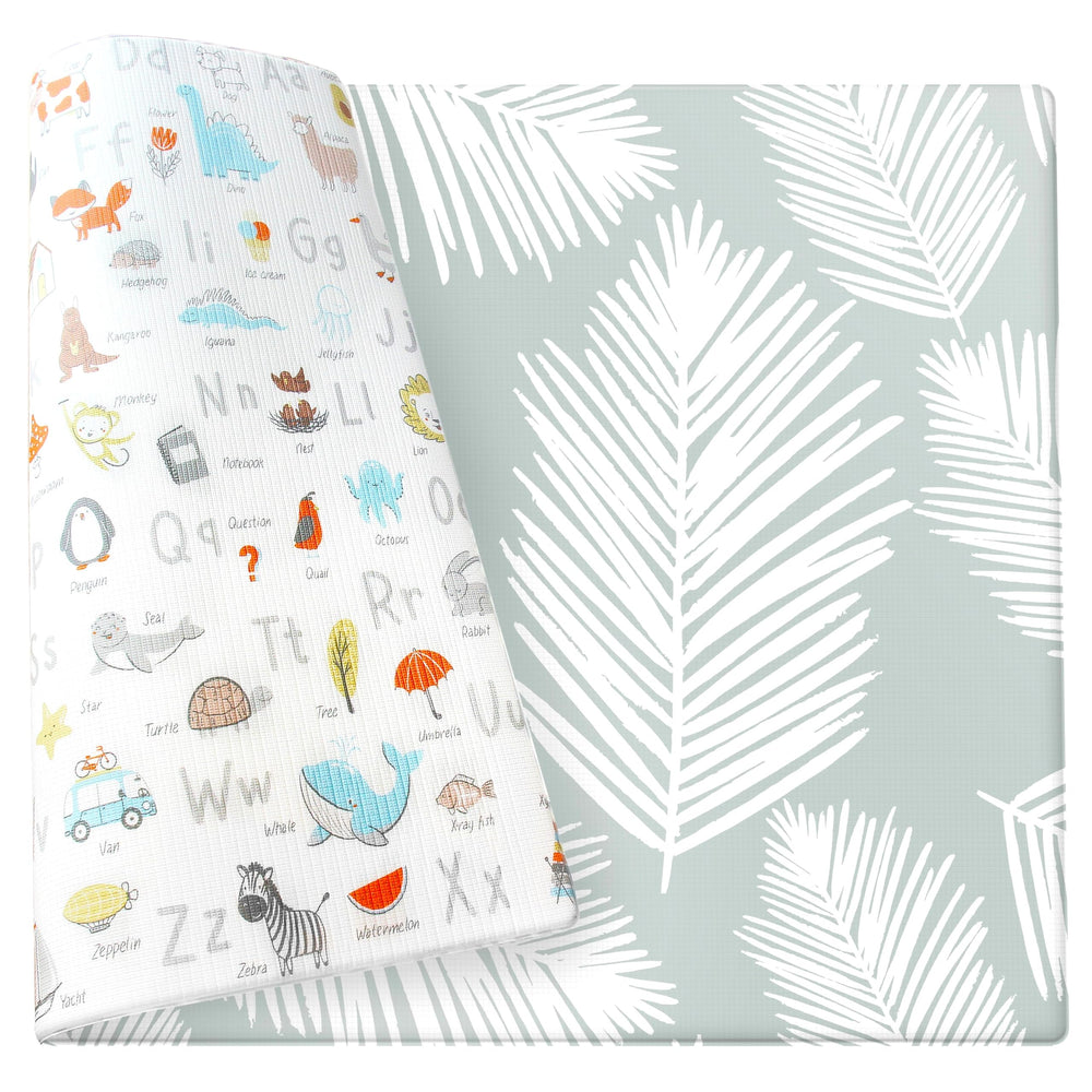 Cushmat Alpha Palm Gray play mat rolled for easy storage and space-saving setup.