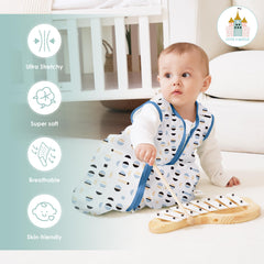 Cute Castle sleep sack blue zipper detail for easy diaper changes.