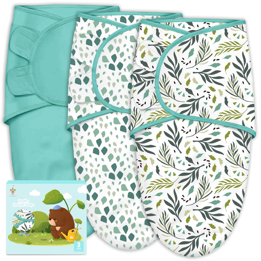 Cute Castle three-pack display shows easy swaddling for calmer newborn nights.