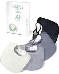 Cutie Birdie muslin baby bib front view with plush back for absorbent drool control.