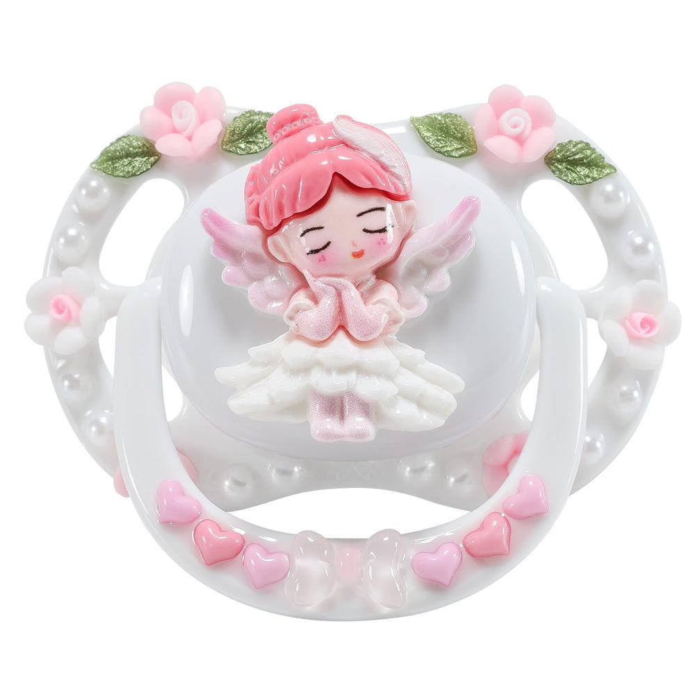 CutiePlusU Garden Angels White pacifier shows hand-applied cherubs for decorative DIY projects.