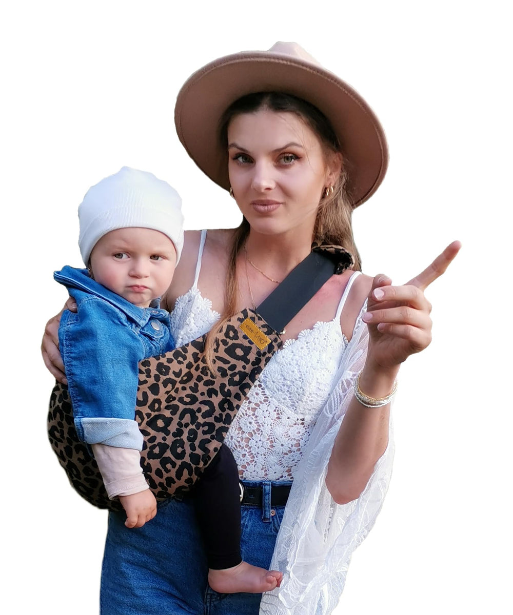 CzeNano Toddler Carrier closeup buckle in brown leopard for secure fit on quick outings.