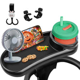 D BABE universal snack tray on a stroller enables mess-free snacking on the go.