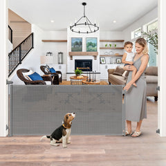 Dabormi 96-inch retractable gate extended for large openings, ideal for living spaces with kids and pets.